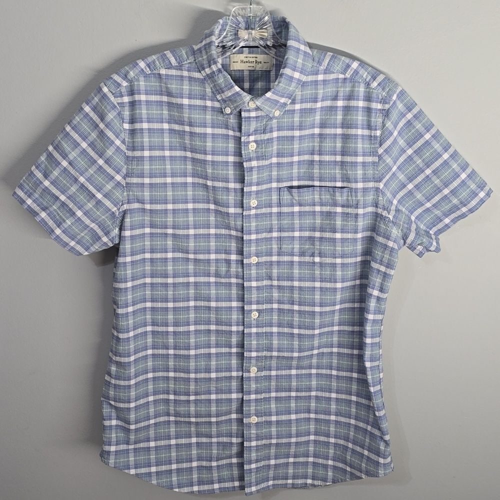 Hawker Rye Shirt Men's Sz Medium Slim Blue Mint Casual Button Down Short Sleeve